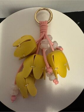 Pink and Yellow Floral Leather Keychain Charm